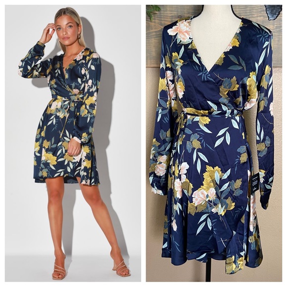 love is life navy blue floral print satin wrap dress Melanie Maxi Dress Navy/Coral / L